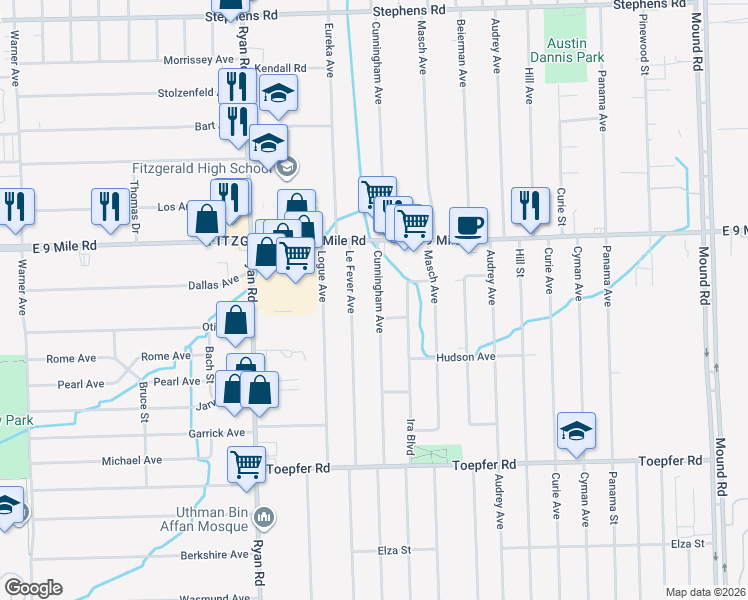 map of restaurants, bars, coffee shops, grocery stores, and more near 22627 Cunningham Avenue in Warren