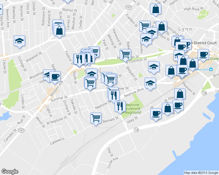 map of restaurants, bars, coffee shops, grocery stores, and more near 66 Commercial Street in Lynn