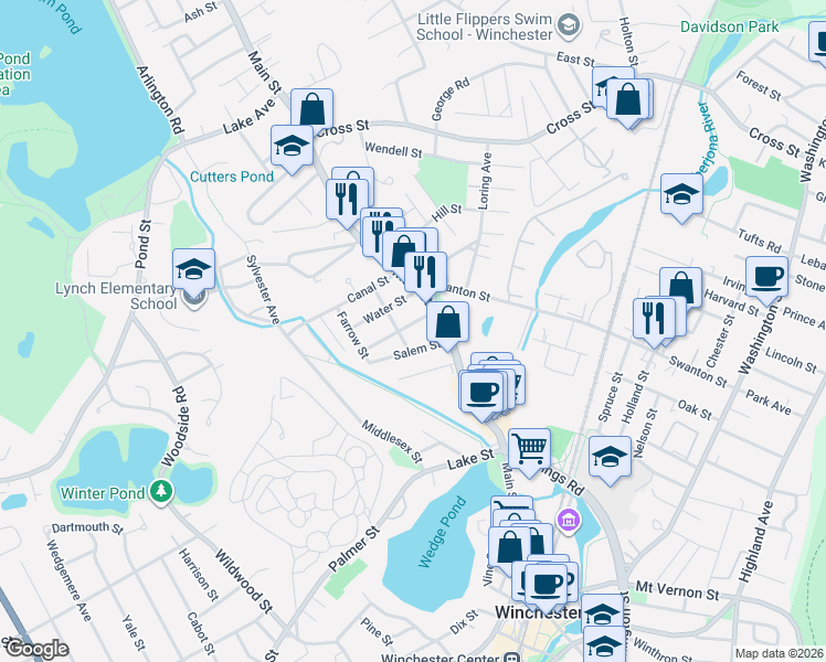 map of restaurants, bars, coffee shops, grocery stores, and more near 24 Richardson Street in Winchester