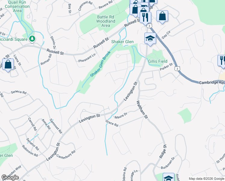map of restaurants, bars, coffee shops, grocery stores, and more near 59 Waverly Road in Woburn