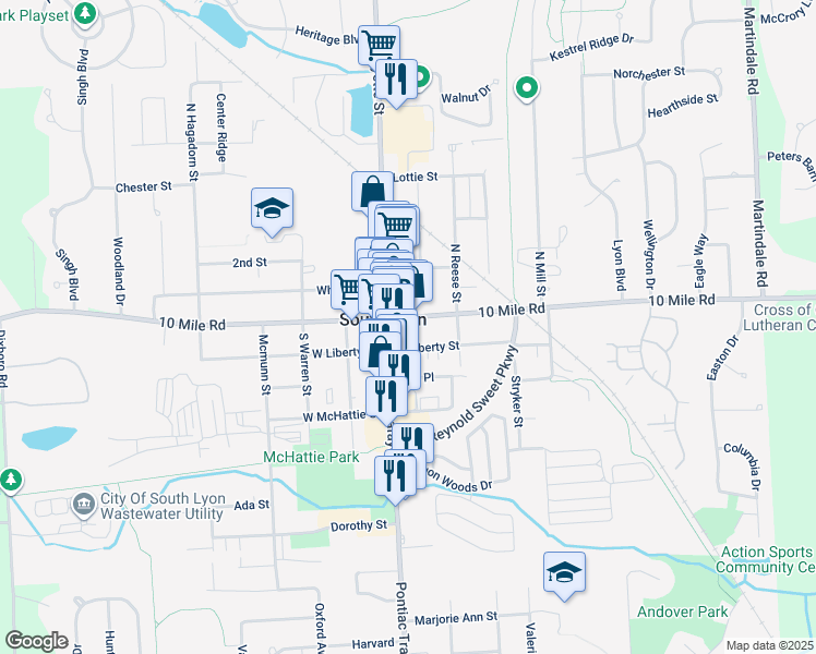 map of restaurants, bars, coffee shops, grocery stores, and more near 134 East Lake Street in South Lyon