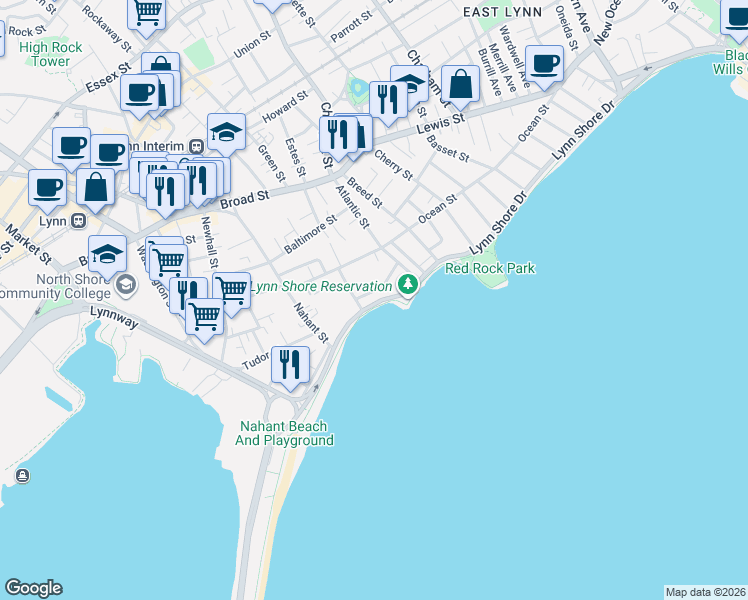 map of restaurants, bars, coffee shops, grocery stores, and more near 285 Lynn Shore Drive in Lynn