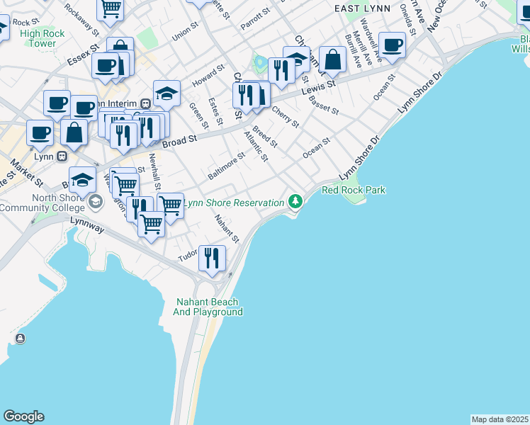 map of restaurants, bars, coffee shops, grocery stores, and more near 285 Lynn Shore Drive in Lynn