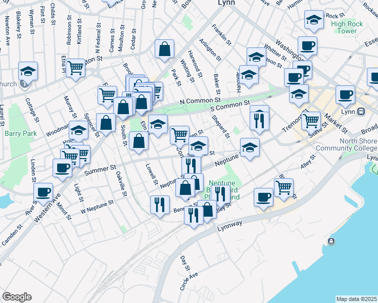 map of restaurants, bars, coffee shops, grocery stores, and more near 66 Commercial Street in Lynn