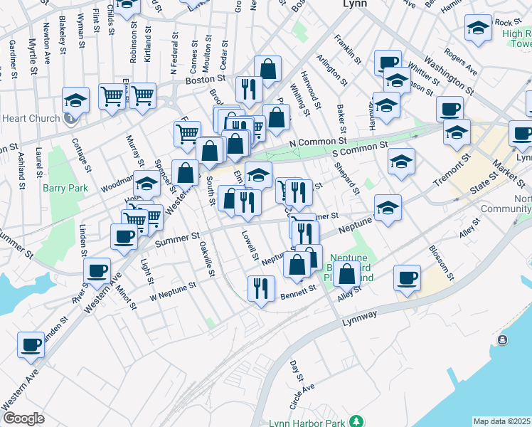 map of restaurants, bars, coffee shops, grocery stores, and more near 94 Warren Street in Lynn