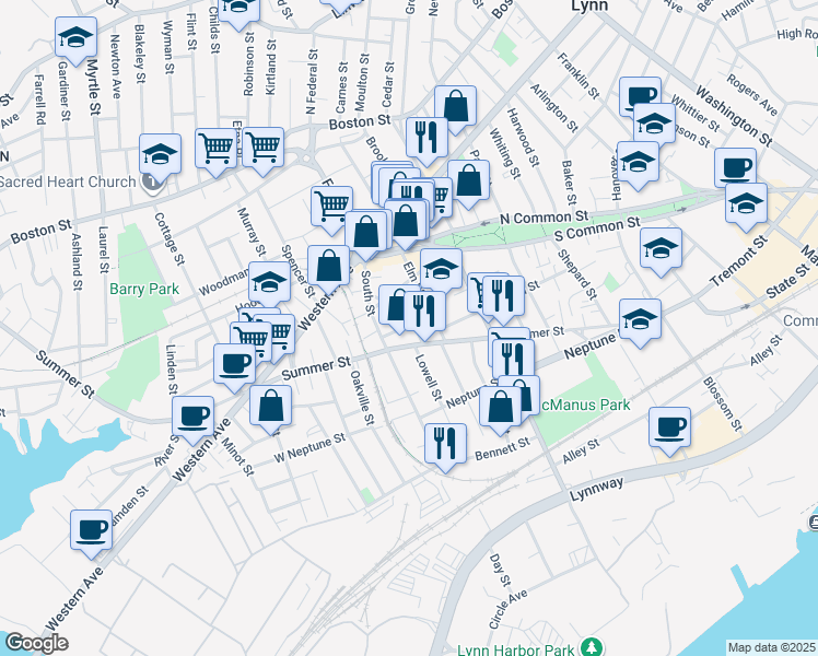 map of restaurants, bars, coffee shops, grocery stores, and more near 13 Witt Street in Lynn