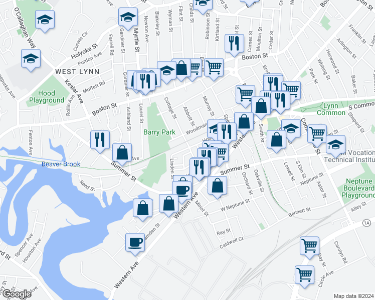map of restaurants, bars, coffee shops, grocery stores, and more near 9 Linden Street in Lynn