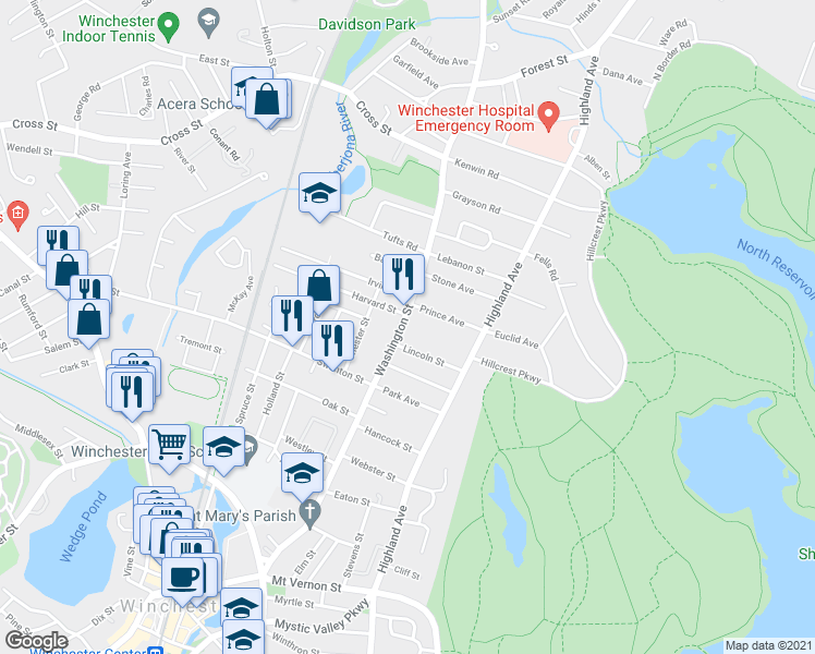 map of restaurants, bars, coffee shops, grocery stores, and more near 348 Washington Street in Winchester