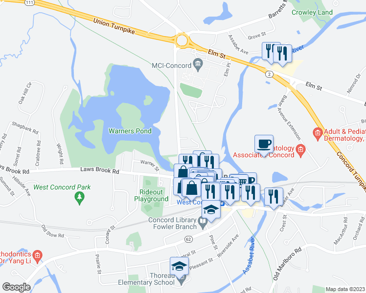 map of restaurants, bars, coffee shops, grocery stores, and more near 238 Commonwealth Avenue in Concord