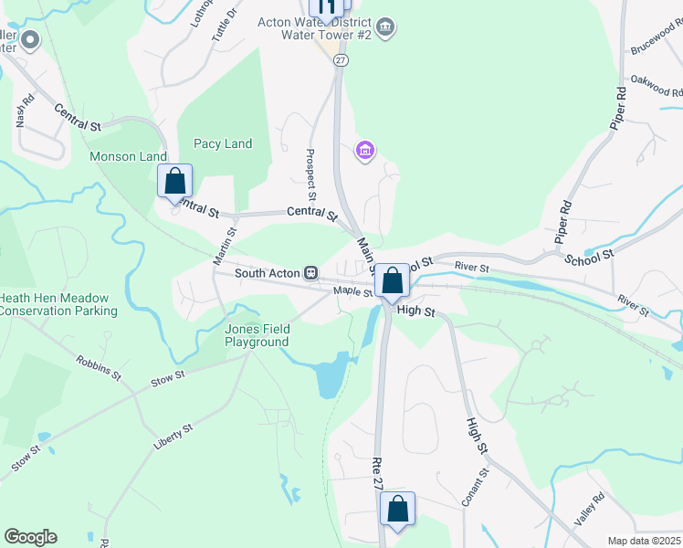 map of restaurants, bars, coffee shops, grocery stores, and more near 19 Railroad Street in Acton