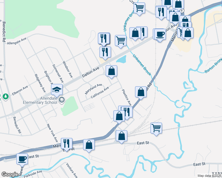 map of restaurants, bars, coffee shops, grocery stores, and more near 224 California Avenue in Pittsfield