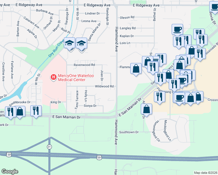 map of restaurants, bars, coffee shops, grocery stores, and more near 815 Wildwood Road in Waterloo