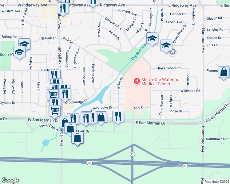 map of restaurants, bars, coffee shops, grocery stores, and more near 3728 West 9th Street in Waterloo