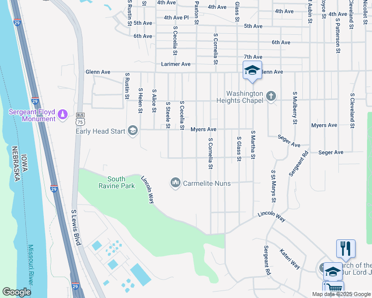 map of restaurants, bars, coffee shops, grocery stores, and more near 2729 South Paxton Street in Sioux City