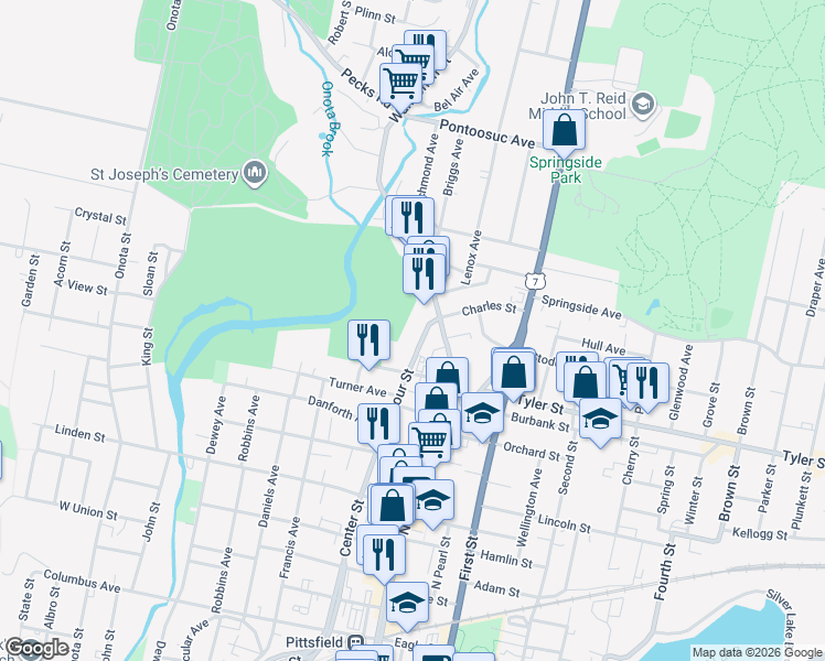 map of restaurants, bars, coffee shops, grocery stores, and more near 133 Seymour Street in Pittsfield