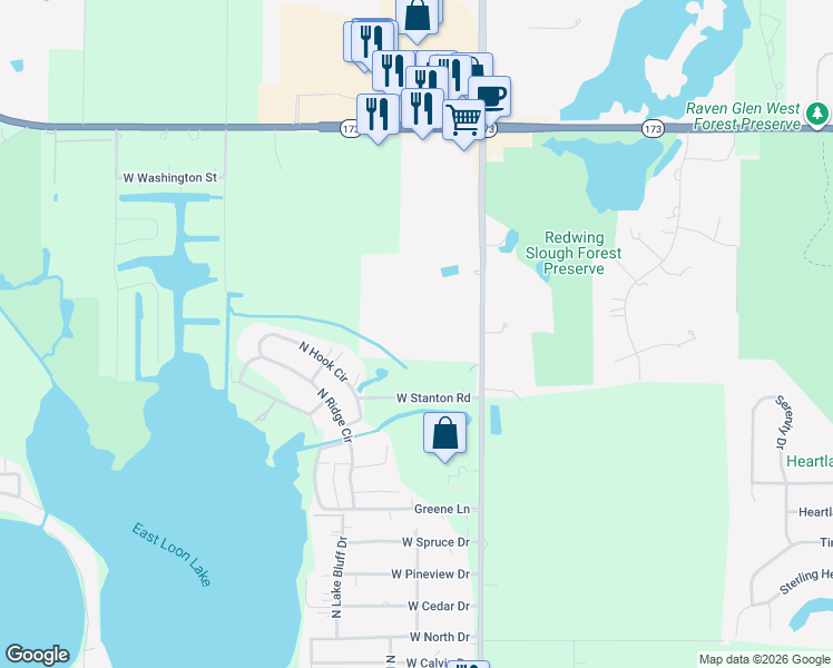map of restaurants, bars, coffee shops, grocery stores, and more near 41092 Deep Lake Road in Antioch