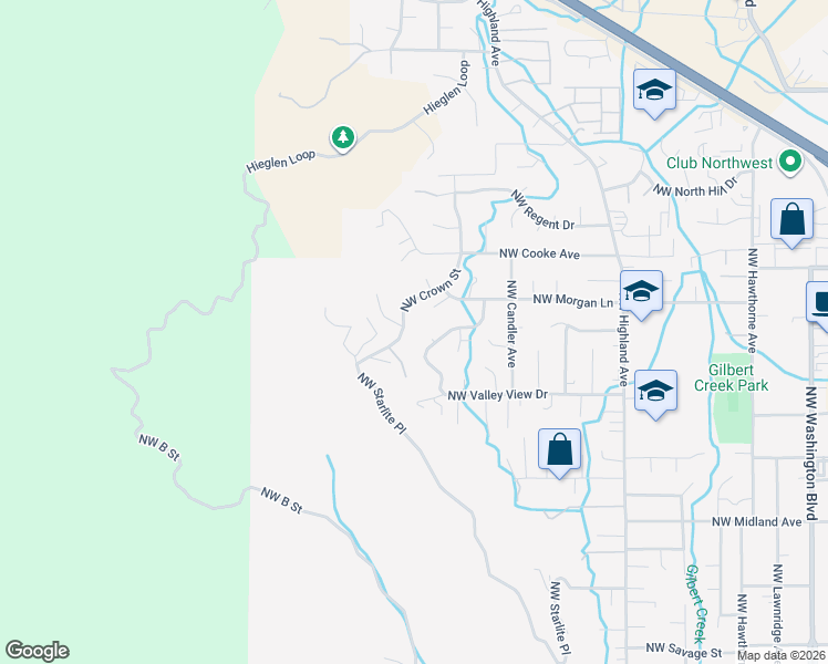 map of restaurants, bars, coffee shops, grocery stores, and more near 1929 Northwest Crown Street in Grants Pass