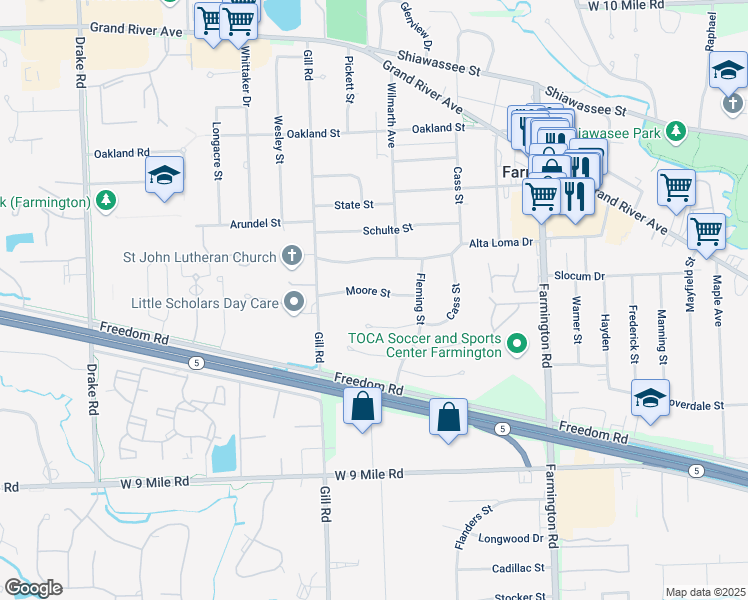 map of restaurants, bars, coffee shops, grocery stores, and more near 33999 Moore Street in Farmington