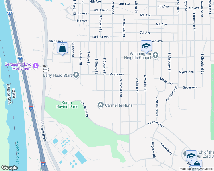 map of restaurants, bars, coffee shops, grocery stores, and more near 2729 South Paxton Street in Sioux City