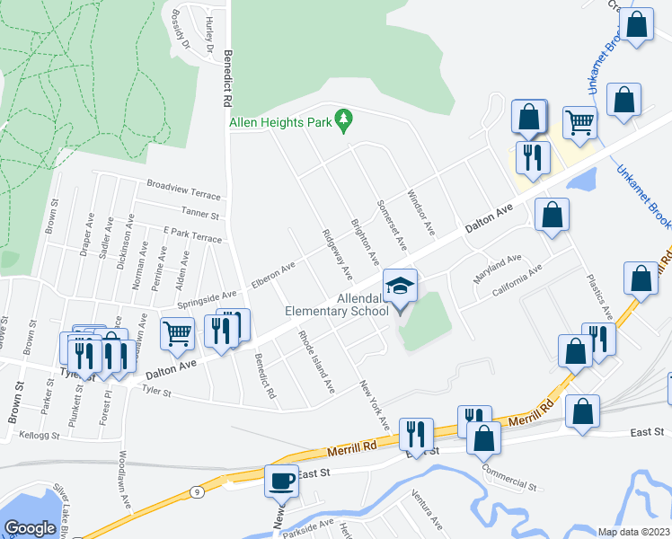 map of restaurants, bars, coffee shops, grocery stores, and more near 23 Ridgeway Ave in Pittsfield