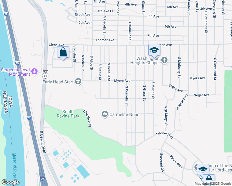 map of restaurants, bars, coffee shops, grocery stores, and more near 2729 South Paxton Street in Sioux City