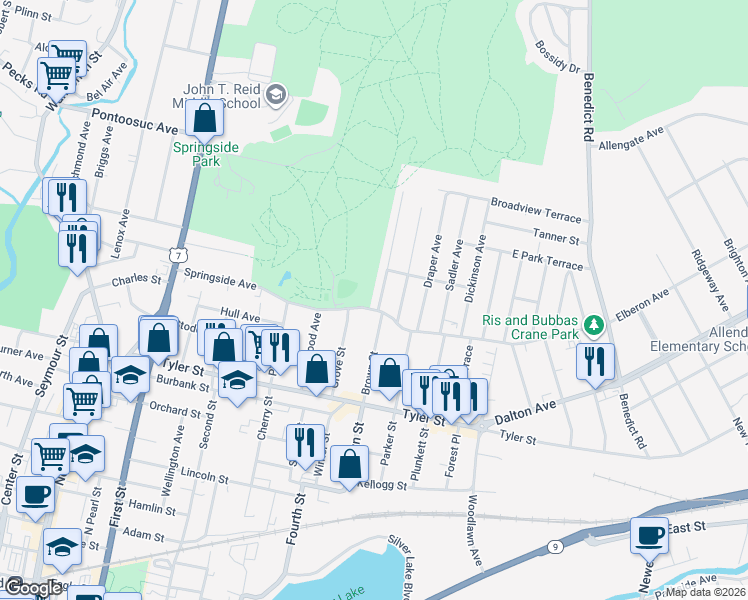 map of restaurants, bars, coffee shops, grocery stores, and more near 163 Brown Street in Pittsfield