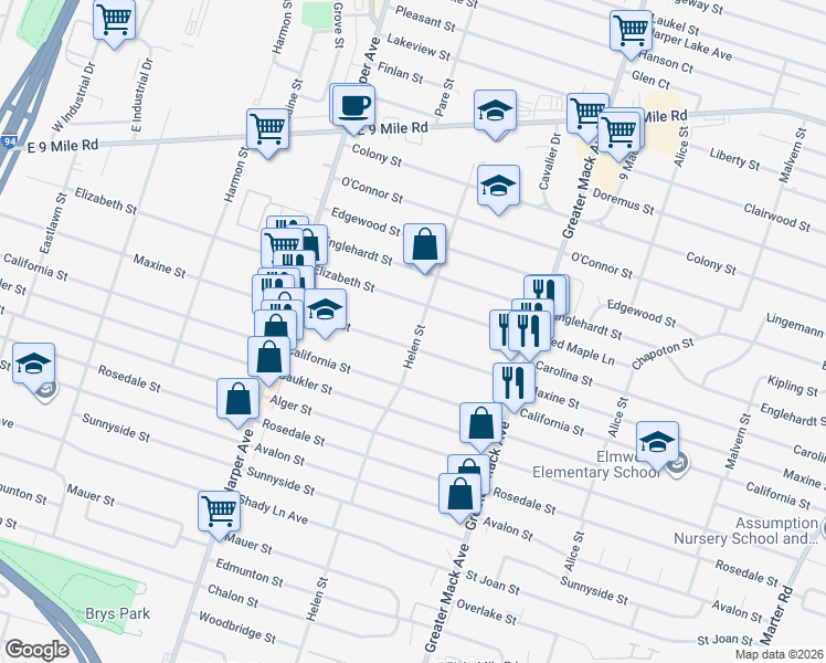 map of restaurants, bars, coffee shops, grocery stores, and more near 23417 Helen Street in St. Clair Shores