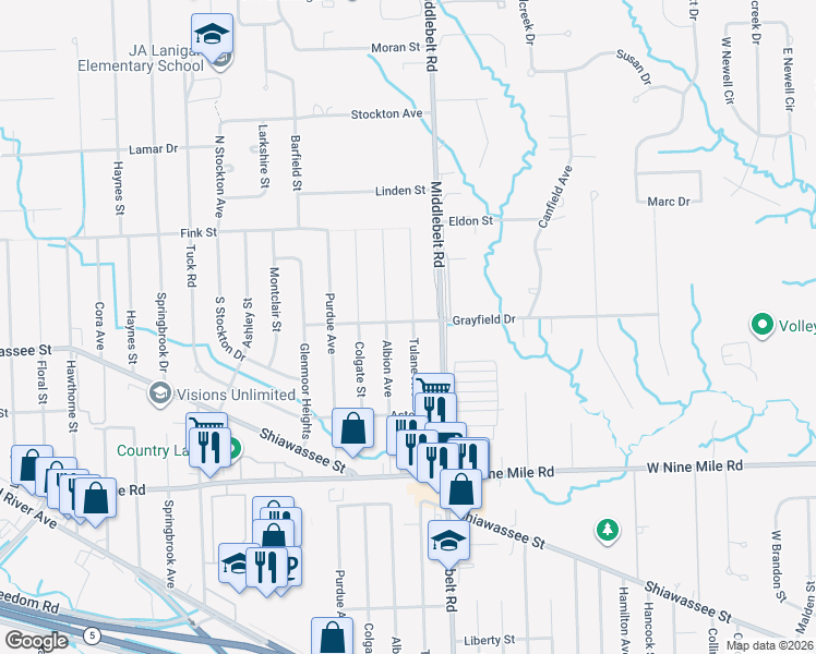 map of restaurants, bars, coffee shops, grocery stores, and more near 22851 Tulane Avenue in Farmington Hills