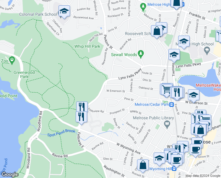 map of restaurants, bars, coffee shops, grocery stores, and more near 339 West Emerson Street in Melrose