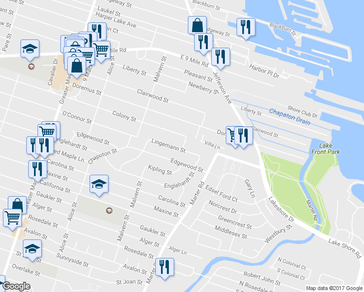 map of restaurants, bars, coffee shops, grocery stores, and more near 23001 Lingemann Street in St. Clair Shores
