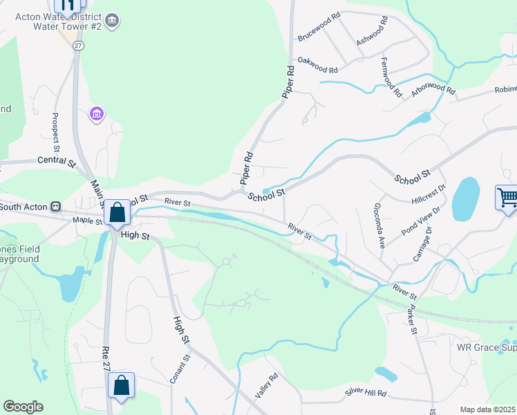 map of restaurants, bars, coffee shops, grocery stores, and more near 66 River Street in Acton