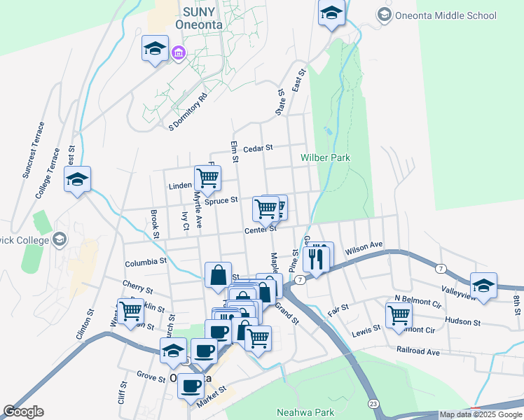 map of restaurants, bars, coffee shops, grocery stores, and more near 45 Maple Street in Oneonta