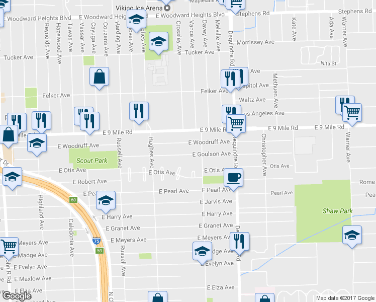 map of restaurants, bars, coffee shops, grocery stores, and more near 1561 East Goulson Avenue in Hazel Park