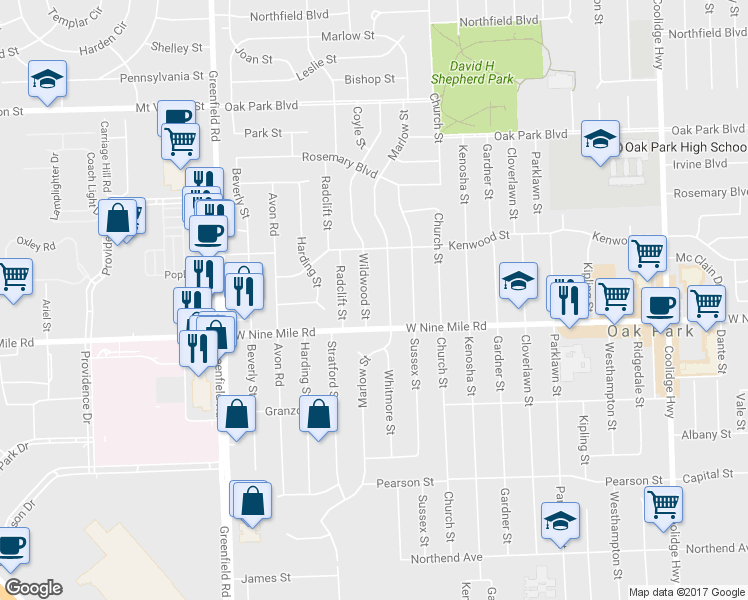 map of restaurants, bars, coffee shops, grocery stores, and more near 23050 Wildwood Street in Oak Park