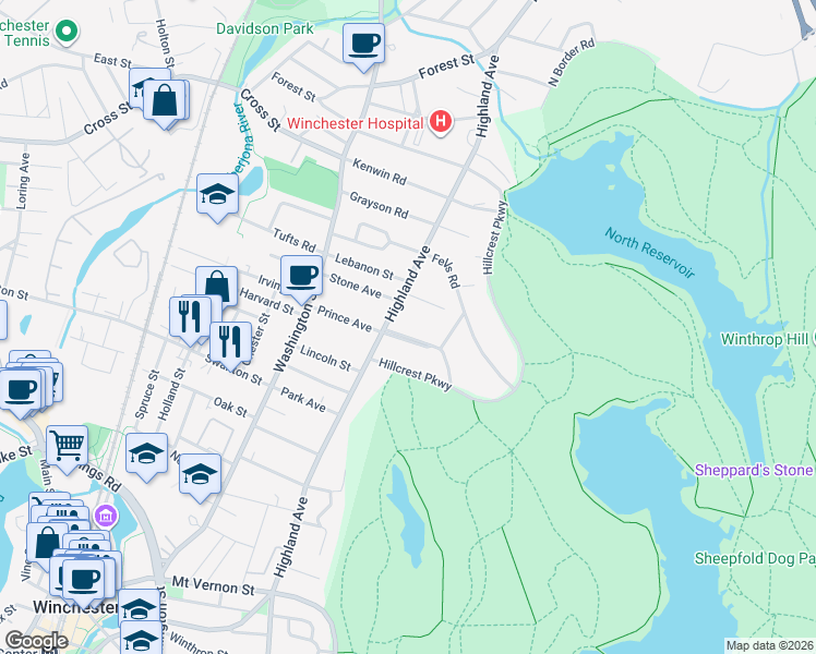 map of restaurants, bars, coffee shops, grocery stores, and more near 4 Euclid Ave in Winchester
