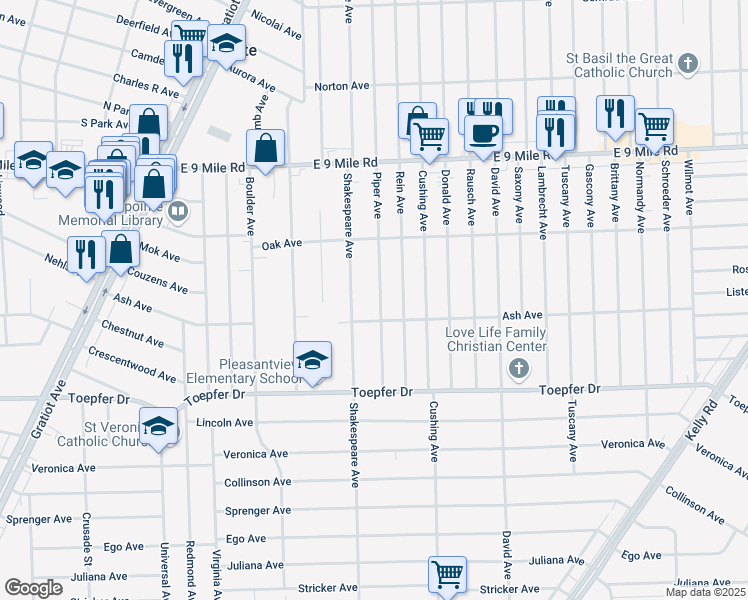 map of restaurants, bars, coffee shops, grocery stores, and more near 22056 Piper Avenue in Eastpointe