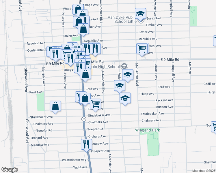 map of restaurants, bars, coffee shops, grocery stores, and more near 8227 Ford Avenue in Warren