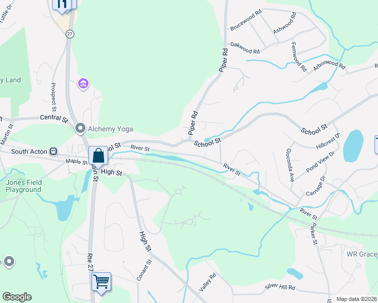 map of restaurants, bars, coffee shops, grocery stores, and more near 56 River Street in Acton