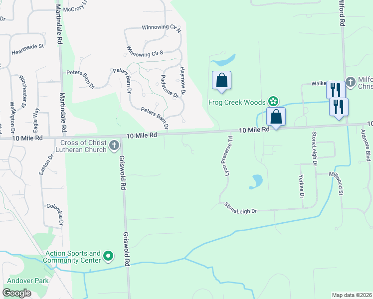map of restaurants, bars, coffee shops, grocery stores, and more near 58415 10 Mile Road in South Lyon