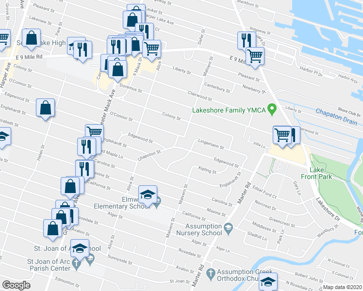 map of restaurants, bars, coffee shops, grocery stores, and more near 22801 Edgewood St in St Clair Shores