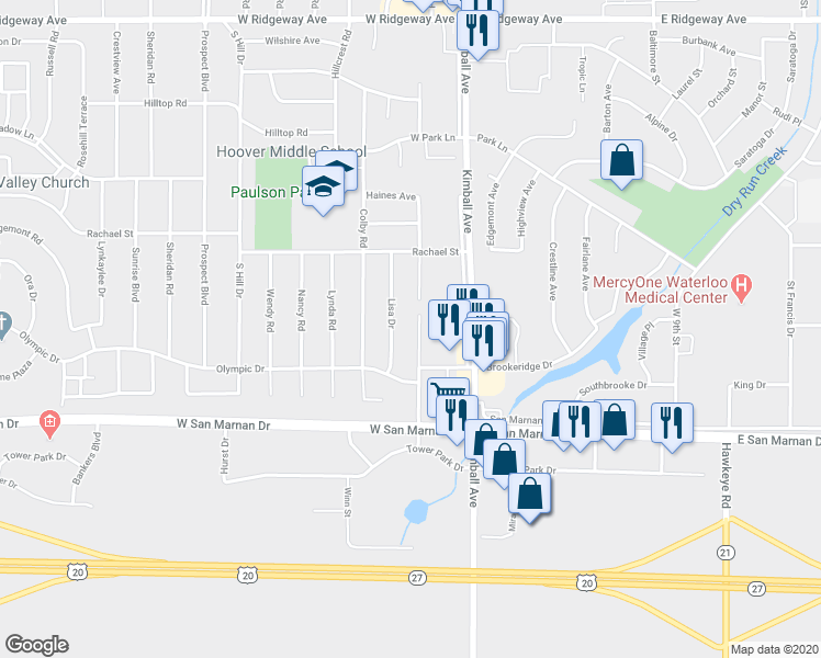 map of restaurants, bars, coffee shops, grocery stores, and more near 3728 Pheasant Lane in Waterloo