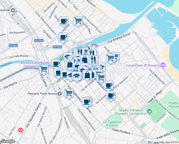 map of restaurants, bars, coffee shops, grocery stores, and more near 90 Viale Vittoria Colonna in Pescara