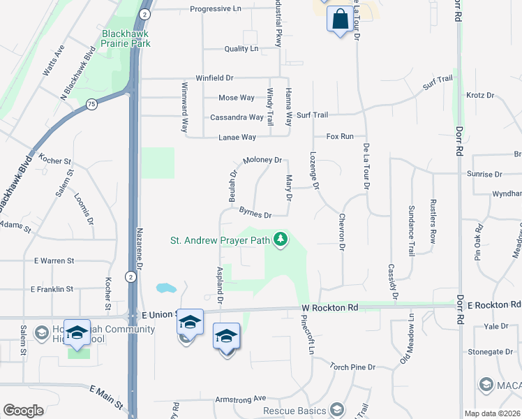 map of restaurants, bars, coffee shops, grocery stores, and more near 611 Byrnes Drive in Rockton