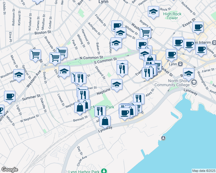 map of restaurants, bars, coffee shops, grocery stores, and more near 263 Summer Street in Lynn
