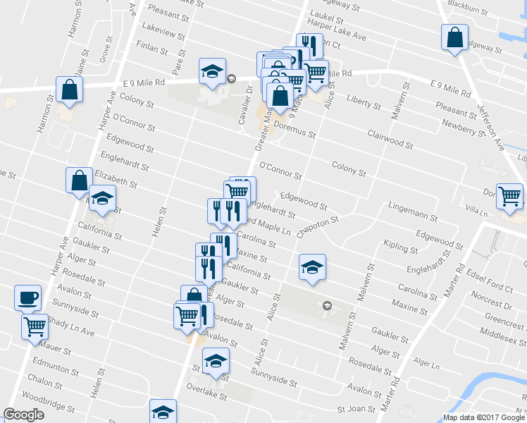 map of restaurants, bars, coffee shops, grocery stores, and more near 22402 Englehardt Street in St. Clair Shores
