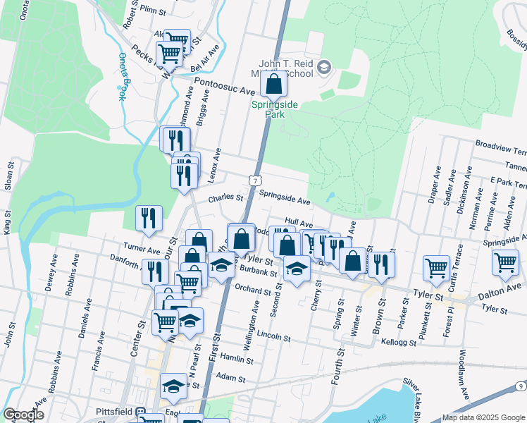 map of restaurants, bars, coffee shops, grocery stores, and more near 51 Myrtle St in Pittsfield
