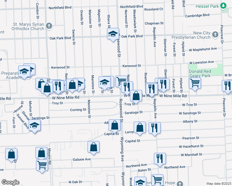 map of restaurants, bars, coffee shops, grocery stores, and more near 10000 West Nine Mile Road in Oak Park