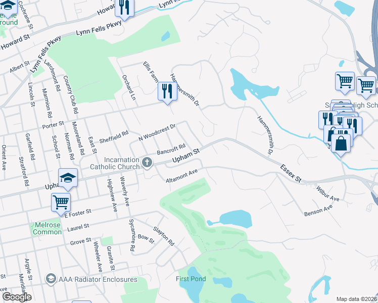 map of restaurants, bars, coffee shops, grocery stores, and more near 500 Upham Street in Melrose