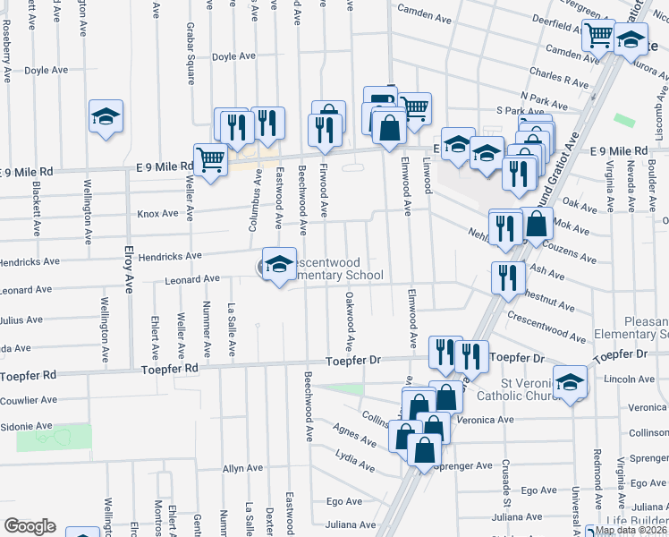 map of restaurants, bars, coffee shops, grocery stores, and more near 22040 Firwood Avenue in Eastpointe