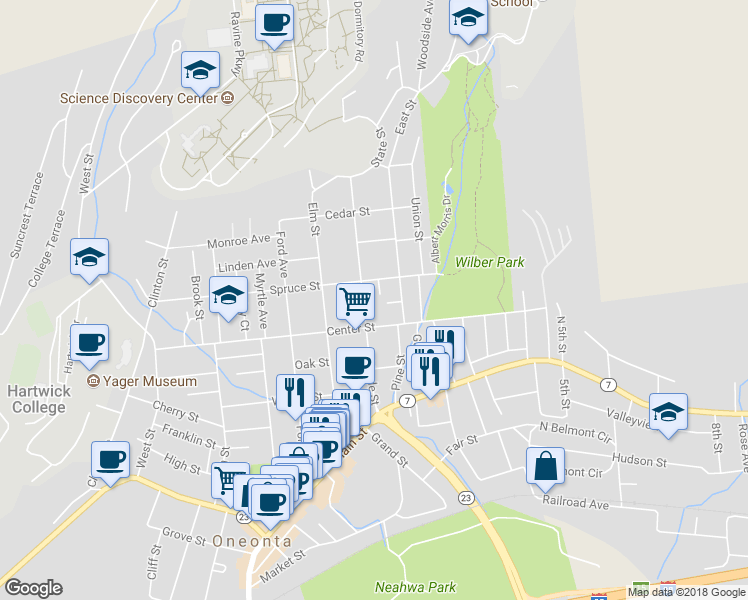 map of restaurants, bars, coffee shops, grocery stores, and more near 48 Maple Street in Oneonta